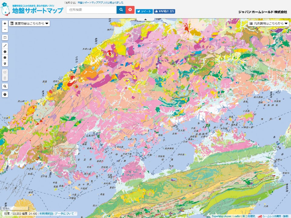 地盤サポートマップの画面。中国地方の地図が色分けされている。