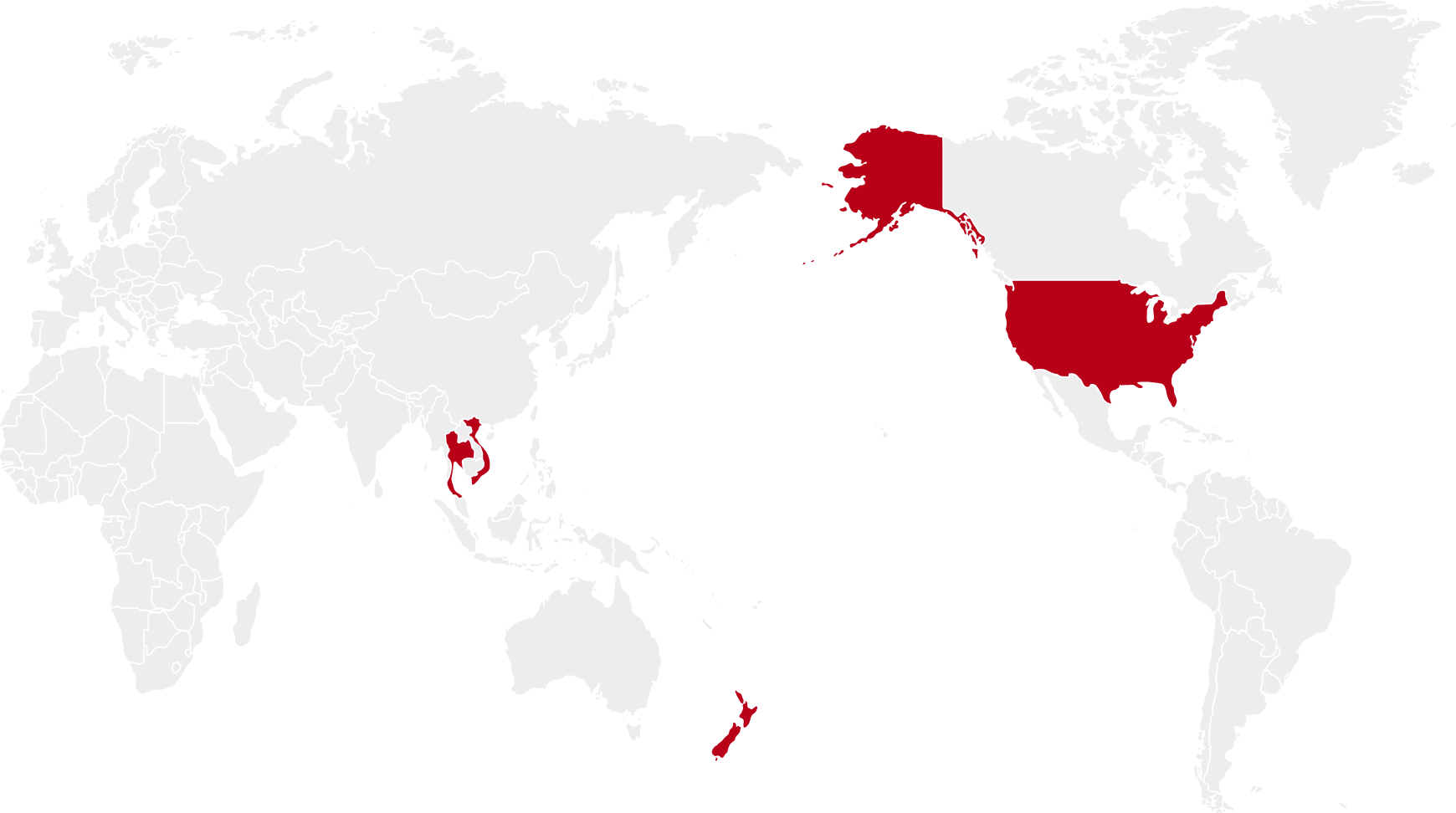 World map with New Zealand, Thailand, Malaysia and USA highlighted