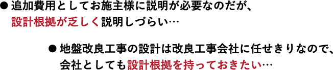 ● 追加費用としてお施主様に説明が必要なのだが、設計根拠が乏しく説明しづらい… ● 地盤改良工事の設計は改良工事会社に任せきりなので、会社としても設計根拠を持っておきたい…