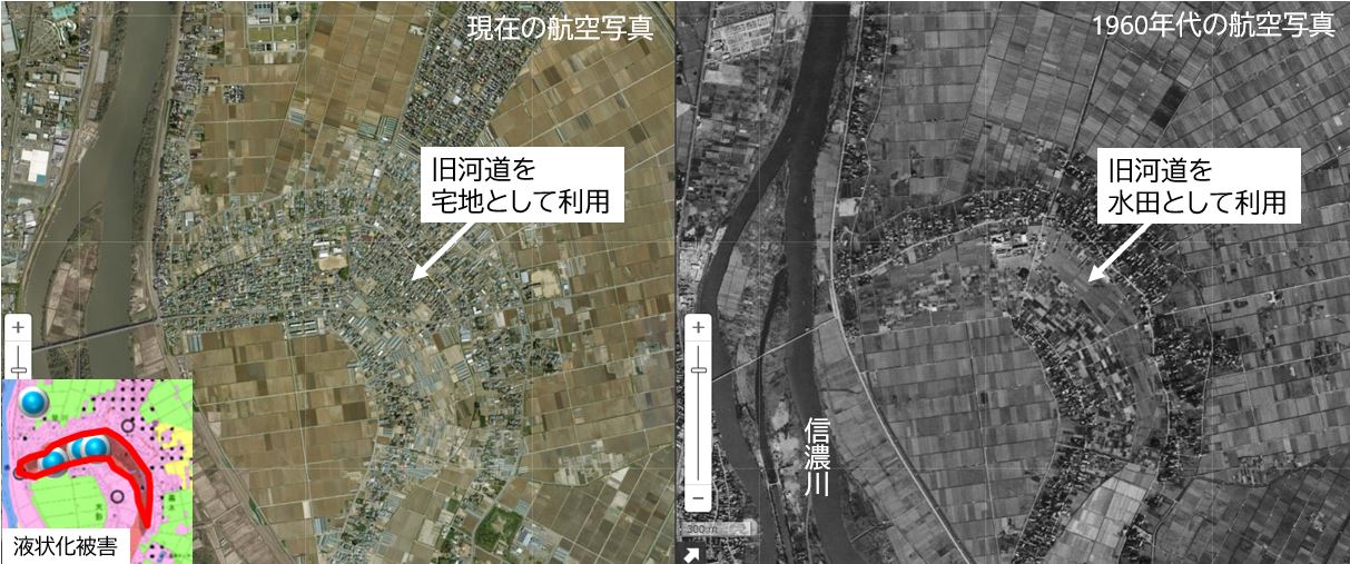 ③現在と1960年代の信濃川周辺の航空写真比較（新潟県江南区）