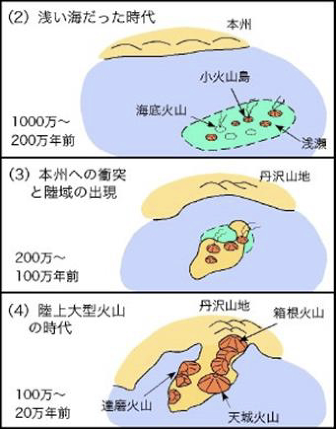 （2）遠い海だった時代。1000万〜200万年前。（3）本州への衝突と陸域の出現。200万〜100万年前。（4）陸上大型火山の時代。100〜20万年前。箱根火山、達磨火山、天城火山。