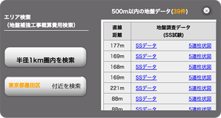 エリア検索の結果。500m以内の地盤データの一覧が表示されている。